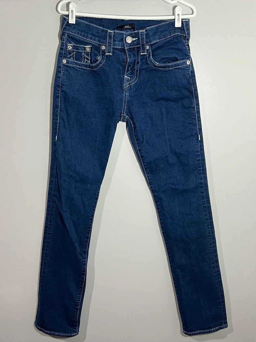 True Religion Ricky Relaxed Straight No Flap Blue White Jeans Mens Size 29